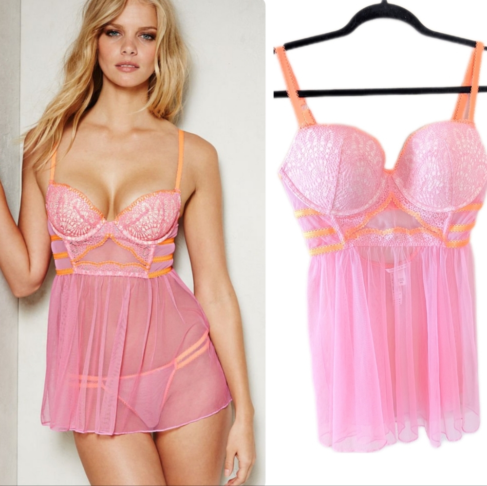 Victoria's Secret Teddy 36D Lingerie New w Tags Pink Orange Babydoll Lingerie